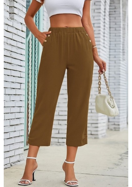 Kadın Beli Lastikli Düğme ve Cep Detaylı Kapri Ithal Keten Pantolon fırsatları