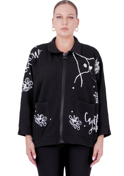 Kadın Büyük Beden Siyah Üç İplik Kalın Kışlık Ceket