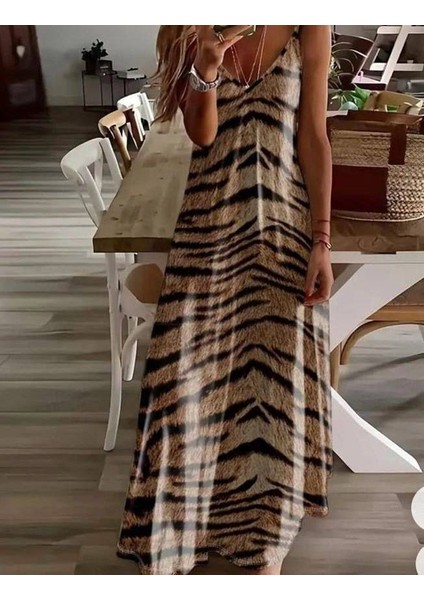 Kadın Dijital Baskılı Suprem Kumaş Askılı Maxi Boy Elbise