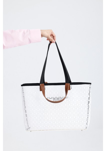 Kadın Beyaz Dantel Desenli Büyük Boy Plaj ve Alışveriş Shopper Tote Omuz Çantası