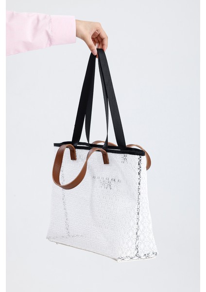 Kadın Beyaz Dantel Desenli Büyük Boy Plaj ve Alışveriş Shopper Tote Omuz Çantası fiyatları