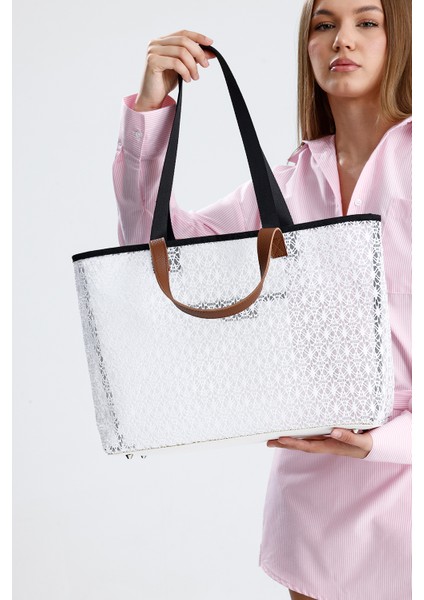 Kadın Beyaz Dantel Desenli Büyük Boy Plaj ve Alışveriş Shopper Tote Omuz Çantası modelleri