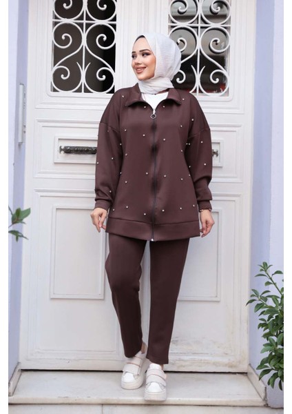 Fermuarlı Kahverengi Tesettür Ikili Takım 12401KKH