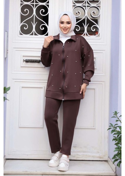 Fermuarlı Kahverengi Tesettür Ikili Takım 12401KKH fiyatları