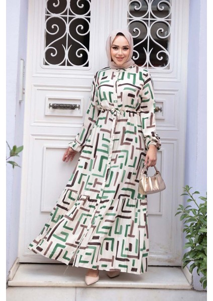 Desenli Yeşil Tesettür Elbise 50253Y