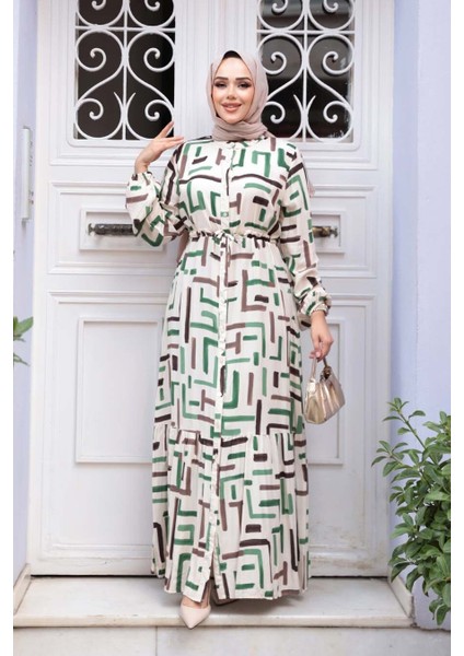 Desenli Yeşil Tesettür Elbise 50253Y fiyatları