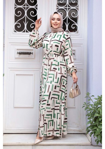 Desenli Yeşil Tesettür Elbise 50253Y modelleri