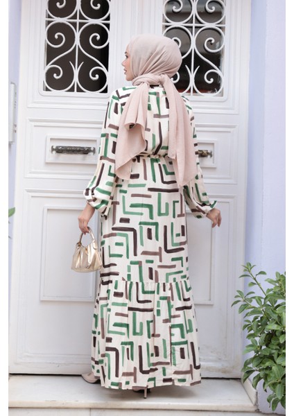 Desenli Yeşil Tesettür Elbise 50253Y fırsatları