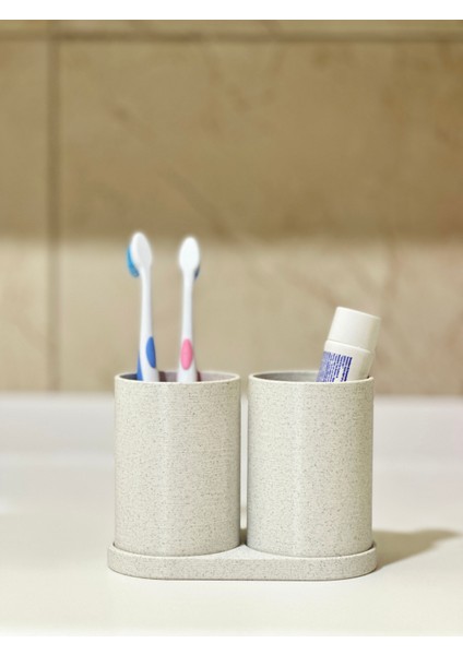 Modern Banyo Düzenleyici V3 - Diş Fırçalık Seti - Ikili Set - Mermer Beyaz 10CM