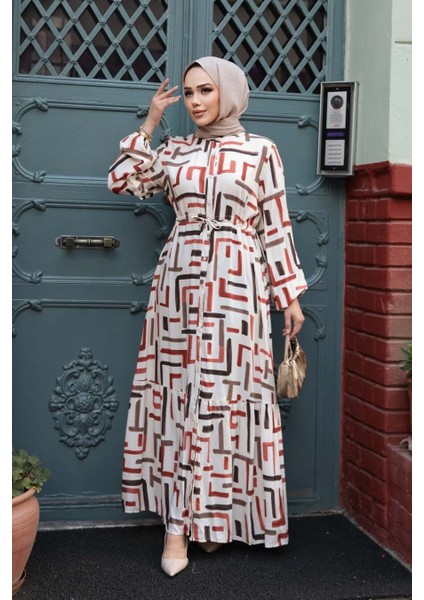 Desenli Kiremit Tesettür Elbise 50253KRMT