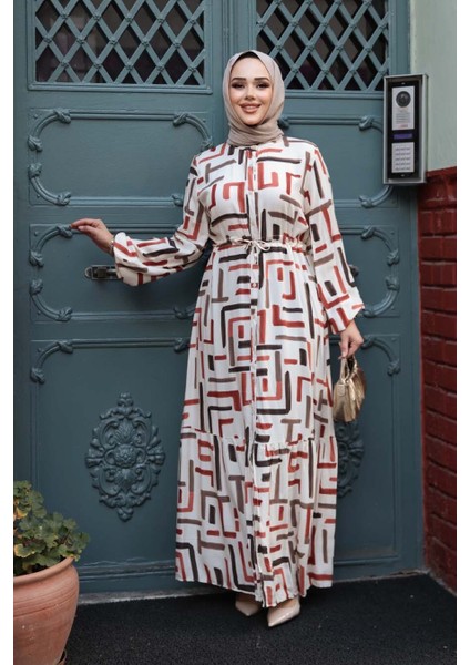 Desenli Kiremit Tesettür Elbise 50253KRMT fiyatları
