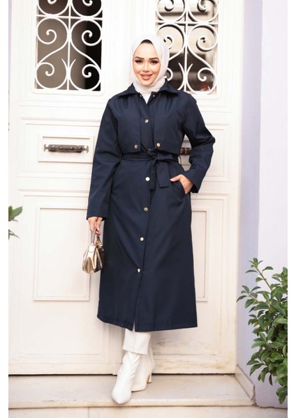 Düğmeli Lacivert Tesettür Trençkot 62131L
