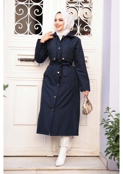 Düğmeli Lacivert Tesettür Trençkot 62131L fiyatları