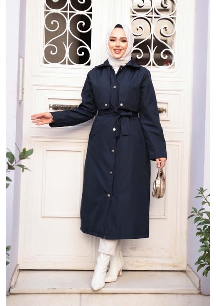 Düğmeli Lacivert Tesettür Trençkot 62131L modelleri