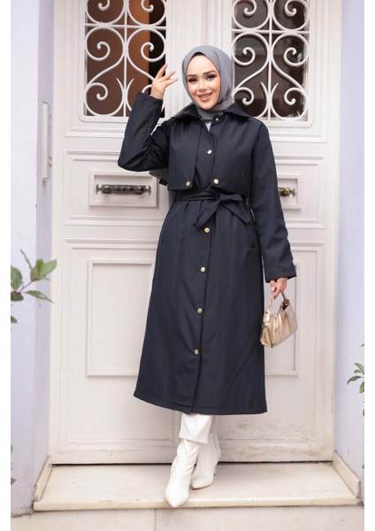 Düğmeli Koyu Lacivert Tesettür Trençkot 62131KL