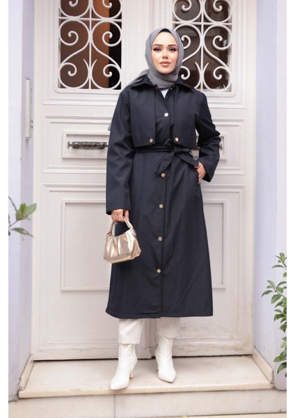 Düğmeli Koyu Lacivert Tesettür Trençkot 62131KL fiyatları