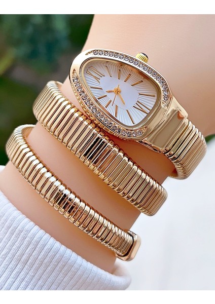 Altın Renk Beyaz Kadran Yılan Model Kadın Kol Saati