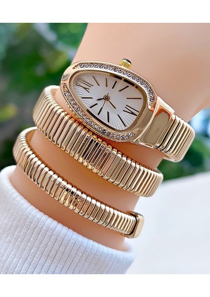 Altın Renk Beyaz Kadran Yılan Model Kadın Kol Saati fiyatları