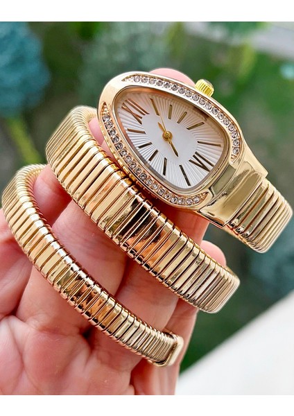 Altın Renk Beyaz Kadran Yılan Model Kadın Kol Saati fırsatları