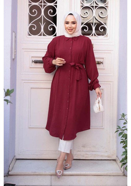 Düğmeli Bordo Tesettür Tunik 32172BR