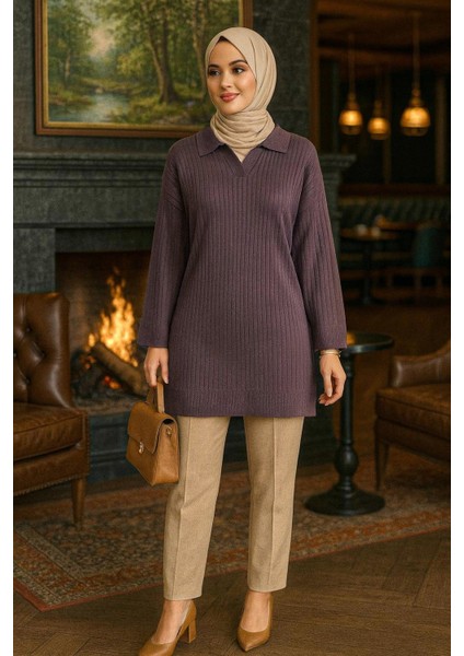 Fitilli Koyu Lila Tesettür Triko Tunik 65903KLILA