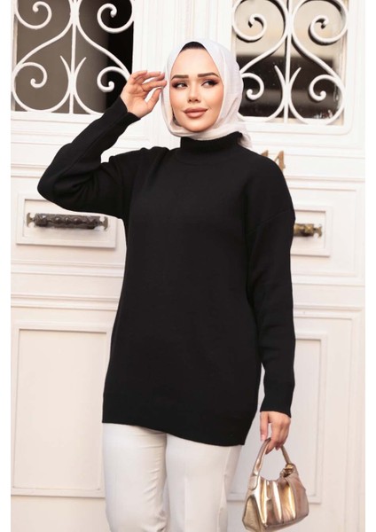 Siyah Tesettür Triko Kazak Tunik 5374S