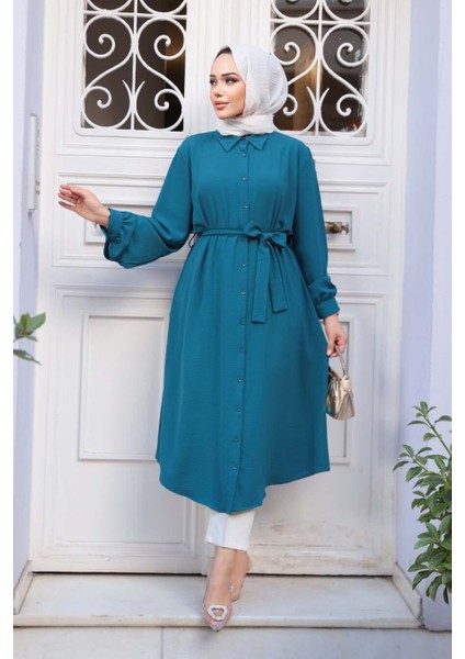Düğmeli Petrol Mavisi Tesettür Tunik 32172PM