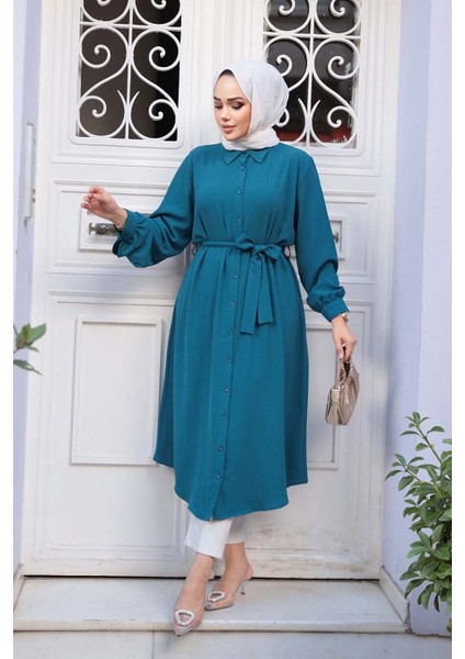 Düğmeli Petrol Mavisi Tesettür Tunik 32172PM fiyatları
