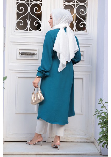 Düğmeli Petrol Mavisi Tesettür Tunik 32172PM fırsatları