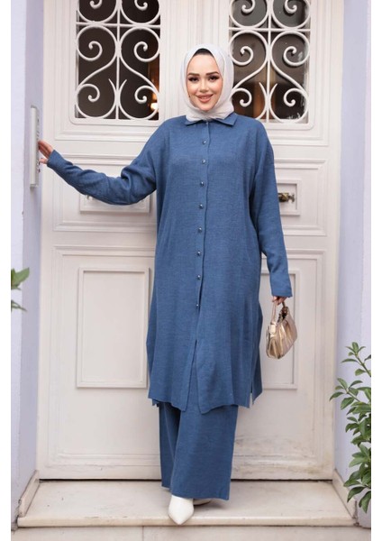 Yakalı Indigo Mavisi Tesettür Triko Ikili Takım 34181IM