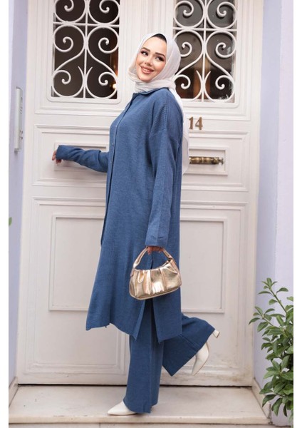Yakalı Indigo Mavisi Tesettür Triko Ikili Takım 34181IM fiyatları