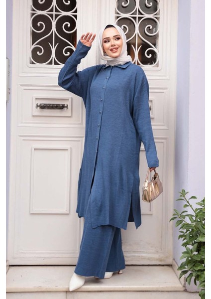 Yakalı Indigo Mavisi Tesettür Triko Ikili Takım 34181IM modelleri