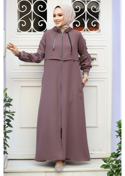 Kapşonlu Koyu Vizon Tesettür Abaya 62602KV