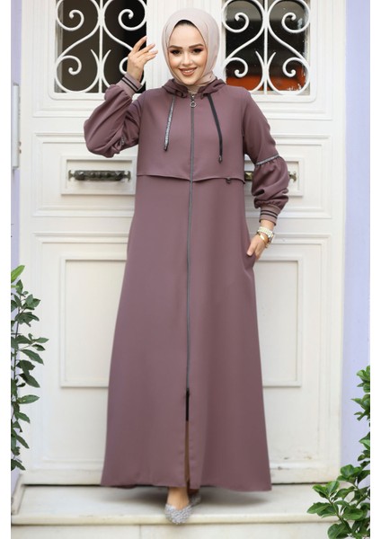 Kapşonlu Koyu Vizon Tesettür Abaya 62602KV fiyatları