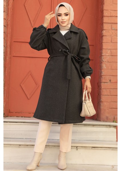 Kemerli Füme Kaşe Tesettür Kaban 61102FU