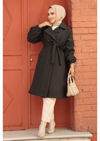 Kemerli Füme Kaşe Tesettür Kaban 61102FU fiyatları