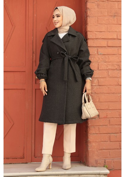 Kemerli Füme Kaşe Tesettür Kaban 61102FU modelleri