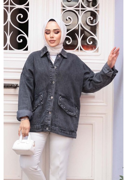 Düğmeli Antrasit Tesettür Kot Ceket 20387ANT