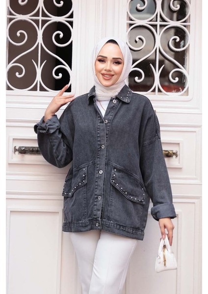 Düğmeli Antrasit Tesettür Kot Ceket 20387ANT fiyatları