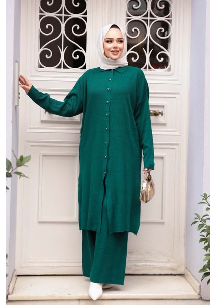 Yakalı Zümrüt Yeşili Tesettür Triko Ikili Takım 34181ZY