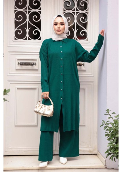 Yakalı Zümrüt Yeşili Tesettür Triko Ikili Takım 34181ZY fiyatları