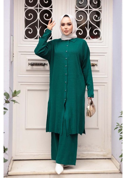 Yakalı Zümrüt Yeşili Tesettür Triko Ikili Takım 34181ZY modelleri