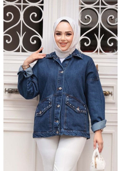 Düğmeli Lacivert Tesettür Kot Ceket 20387L