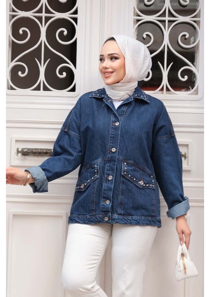 Düğmeli Lacivert Tesettür Kot Ceket 20387L fiyatları