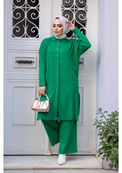 Yakalı Yeşil Tesettür Triko Ikili Takım 34181Y modelleri