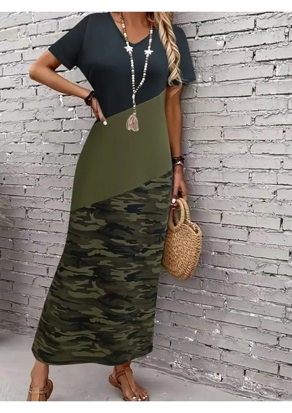 Kadın Kısa Kollu Bisiklet Yaka Çok Renkli Maksi Viskon Elbise