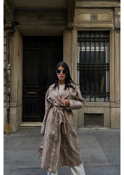 Yılan Desen Trench - Bej