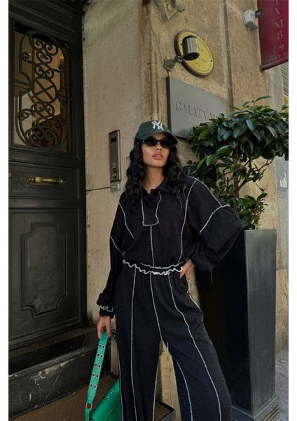 Biyeli Bluz Pantolon Takım Şönil Kumaş - Siyah modelleri