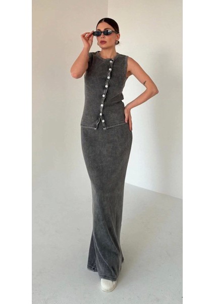 Uzun Etekli Önü Düğmeli Badi Ikili Takım- Antrasit