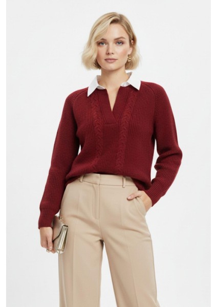 Bordo Gömlek Yakalı Örgü Kadın Kazak 2335